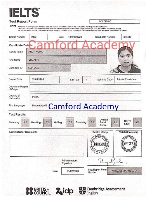 IELTS in India - urvashi scores 7.5 in her IELTS General module. Camford IELTS Kerala.
